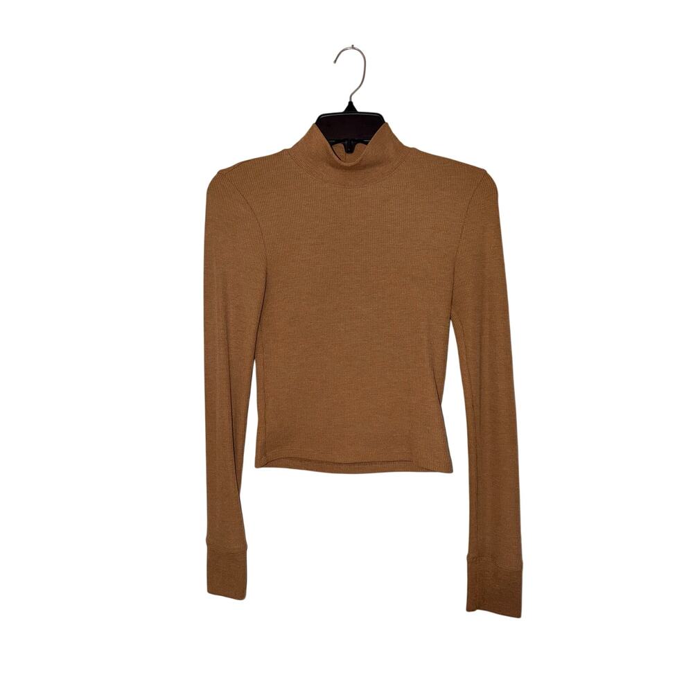 American Eagle Women S Brown Waffle Knit Cropped Turtleneck Long Sleeve Top